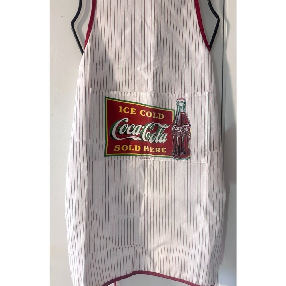 Coca-Cola Apron Red White Striped Adjustable D-Ring dated 1990 Large Pocket Vtg